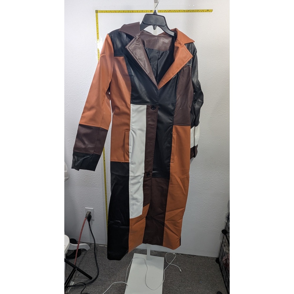 Colorblock Faux Leather Patchwork Trench Coat Longline Jacket Brown Black Tan